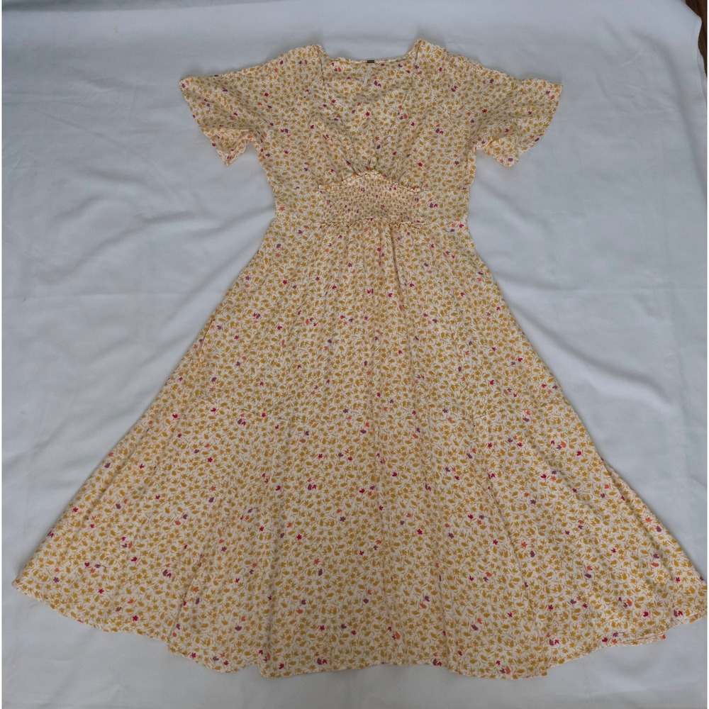 Free People Yellow Ditsy Floral Short Sleeve Full Bloom Midi Dress Women's Large - Picture 12 of 12
